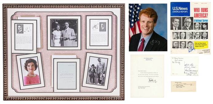 Lot of (9) Kennedy Signed Photos Including Jacqueline Kennedy Signed and Framed 32x26.5" Letter Collage (JSA & Beckett)